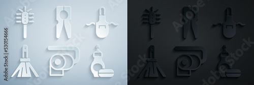 Set Toilet paper roll, Kitchen apron, Handle broom, Dishwashing liquid bottle, Clothes pin and brush icon. Vector