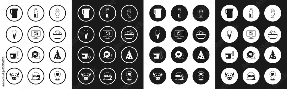 Set Milkshake, Cheese, Ice cream in waffle cone, jug or pitcher, Cottage cheese, Drinking yogurt bottle, and Yogurt container with spoon icon. Vector
