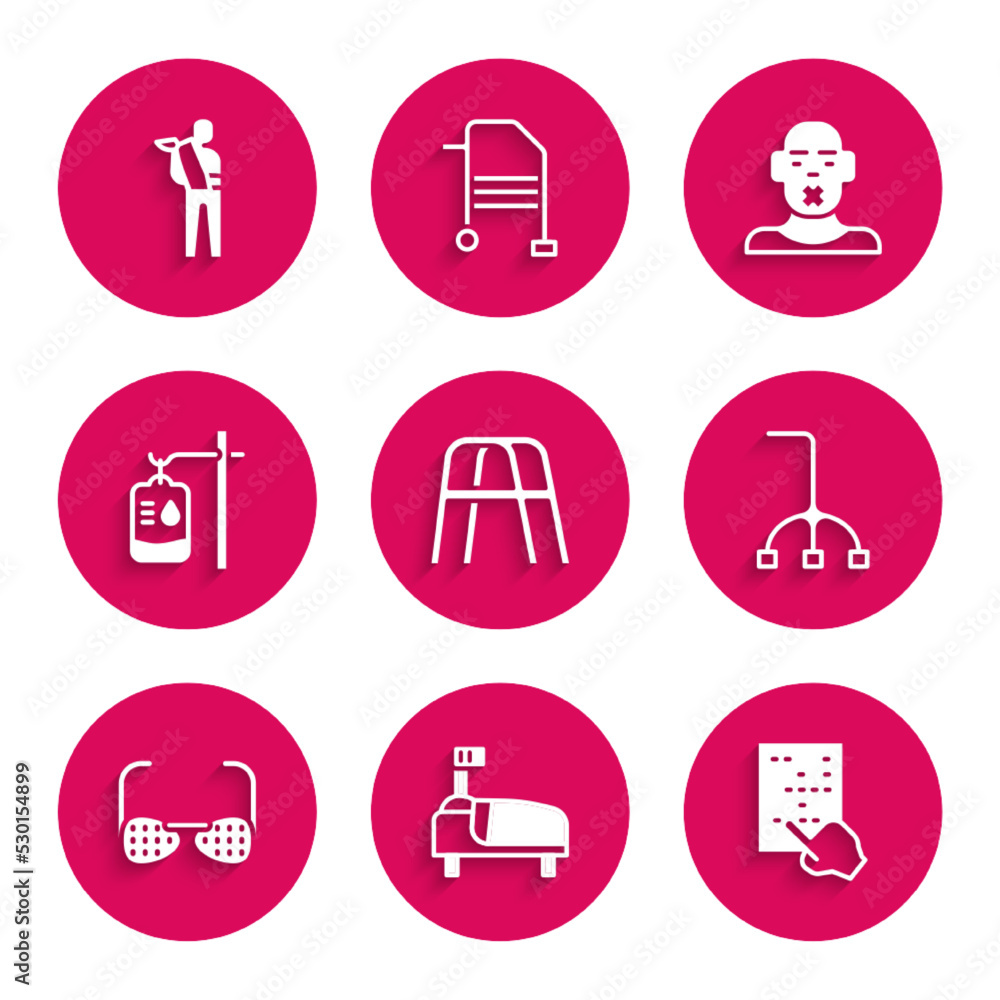 Set Walker, Hospital bed, Braille, Walking stick cane, Blind glasses, IV bag, Head of deaf and dumb and Human broken arm icon. Vector Set Walker, Hospital bed, Braille, Walking stick cane, Blind glasses, IV bag, Head of deaf and dumb and Human broken arm icon. Vector