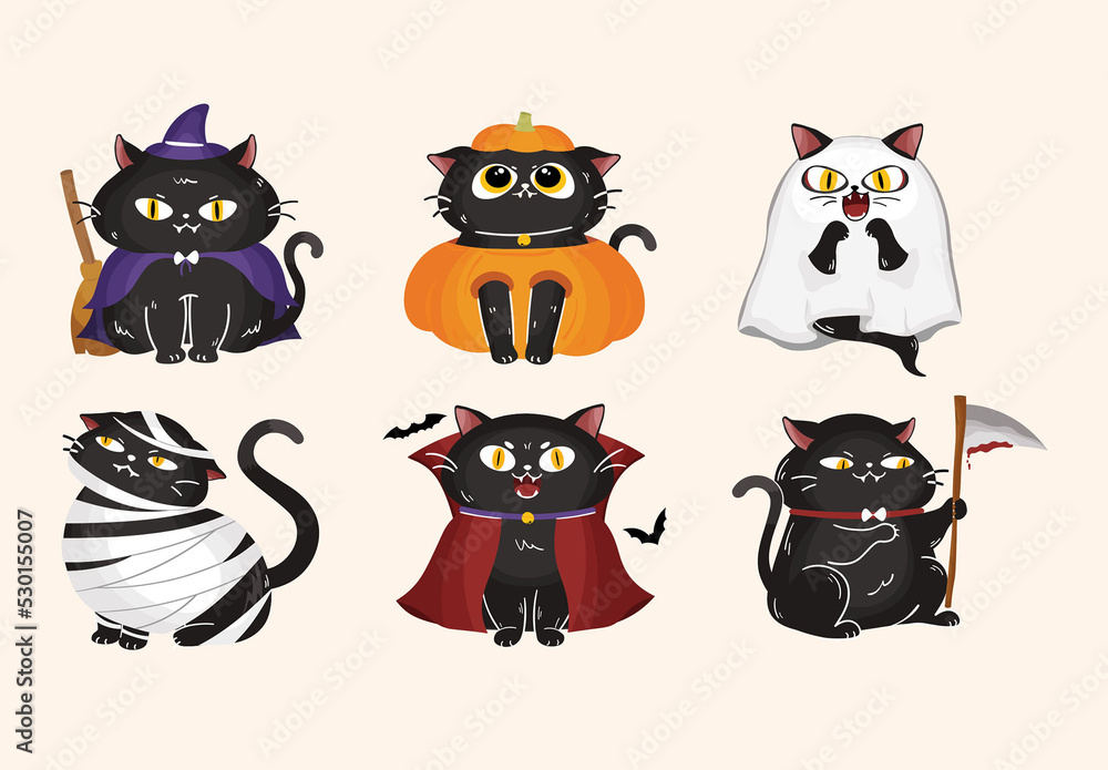Cute Cartoon Black Cats Halloween Character Illustrations Stock ...