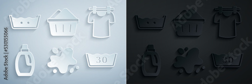 Set Water spill, Drying clothes, Bottle for cleaning agent, Temperature wash, Basin with soap suds and icon. Vector