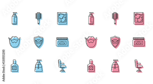 Set line Aftershave, Cream or lotion cosmetic tube, Barbershop chair, Mustache and beard shield, jar, and Hairbrush icon. Vector