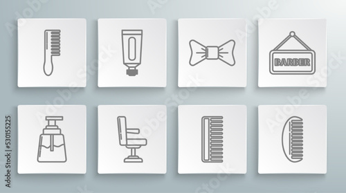 Set line Aftershave, Cream or lotion cosmetic tube, Barbershop chair, Hairbrush, Bow tie, and icon. Vector