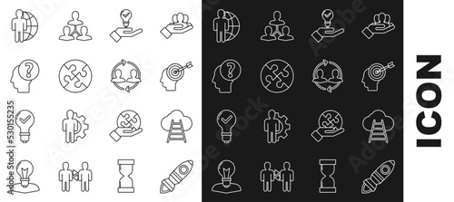 Set line Rocket ship with fire  Ladder leading to cloud  Head hunting concept  Light bulb hand  Piece of puzzle  Human head question mark  Globe people and resources icon. Vector