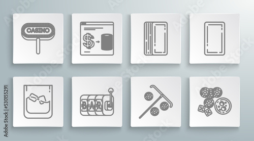 Set line Glass of whiskey and ice cubes, Slot machine, Stick for, Casino chips, game dice glass with, Deck playing cards, Playing back and signboard icon. Vector