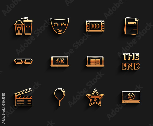Set line Movie clapper, Hollywood walk of fame star celebrity boulevard, Online play video, Laptop screen 4k technology, The End handwritten inscription and Buy cinema ticket online icon. Vector