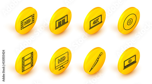 Set line Online play video, Knife, Computer PC monitor with HD technology, Play Video, CD DVD disk, Laptop screen 4k, Buy cinema ticket online and movie, tape, frame icon. Vector