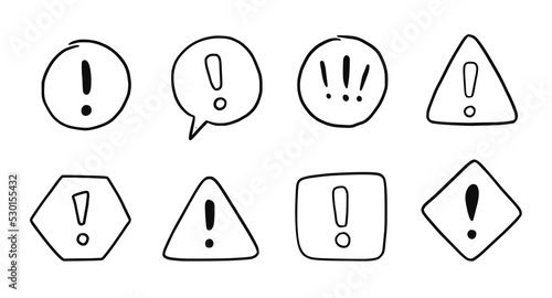 Hand drawn exclamation mark, alert sign set. Scribble doodle exclamation point, warning, hazard sign. Hand drawn sketch danger information sign. Vector illustration.