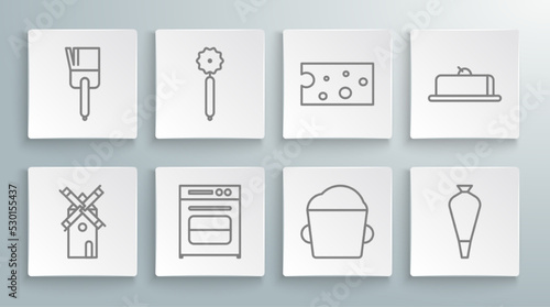Set line Windmill, Pizza knife, Oven, Bakery bowl dough, Pastry bag for decorate cakes, Cheese, Strawberry cheesecake slice and Kitchen brush icon. Vector