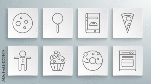 Set line Holiday gingerbread man cookie, Frying pan, Cupcake, Donut with sweet glaze, Oven, Cookbook, Slice of pizza and Cookie or biscuit chocolate icon. Vector