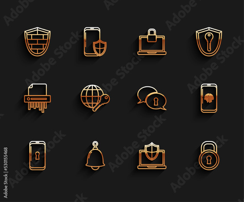 Set line Smartphone with lock, Ringing bell, Shield cyber security brick wall, Laptop protected shield, Lock, Globe key, fingerprint scanner and Protection of personal data icon. Vector