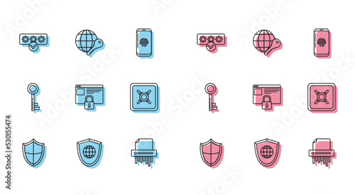 Set line Shield, with world globe, Password protection and safety access, Paper shredder confidential, Secure your site HTTPS, SSL, Safe, Key and Globe key icon. Vector