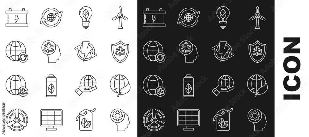 Set line Human head with gear inside, Earth globe and leaf, Recycle symbol shield, Light bulb, recycle, Planet earth recycling, Car battery and Recharging icon. Vector Set line Human head with gear inside, Earth globe and leaf, Recycle symbol shield, Light bulb, recycle, Planet earth recycling, Car battery and Recharging icon. Vector