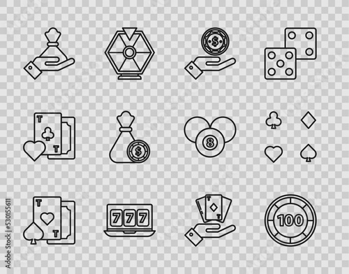 Set line Playing card with heart, Casino chips, Hand holding casino, Online slot machine lucky sevens jackpot, money bag, Money, deck of playing cards and icon. Vector