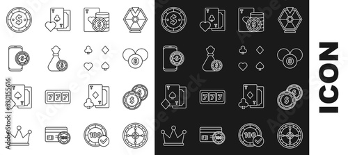Set line Casino roulette wheel, chip with dollar, Billiard pool snooker 8 ball, and playing cards, Money bag casino chips, Online poker table game, and Playing icon. Vector