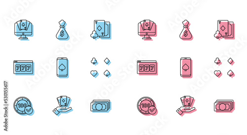 Set line Casino chips, Hand holding deck of playing cards, Online poker table game, Stacks paper money cash, Playing, slot machine with lucky sevens jackpot and Money bag icon. Vector
