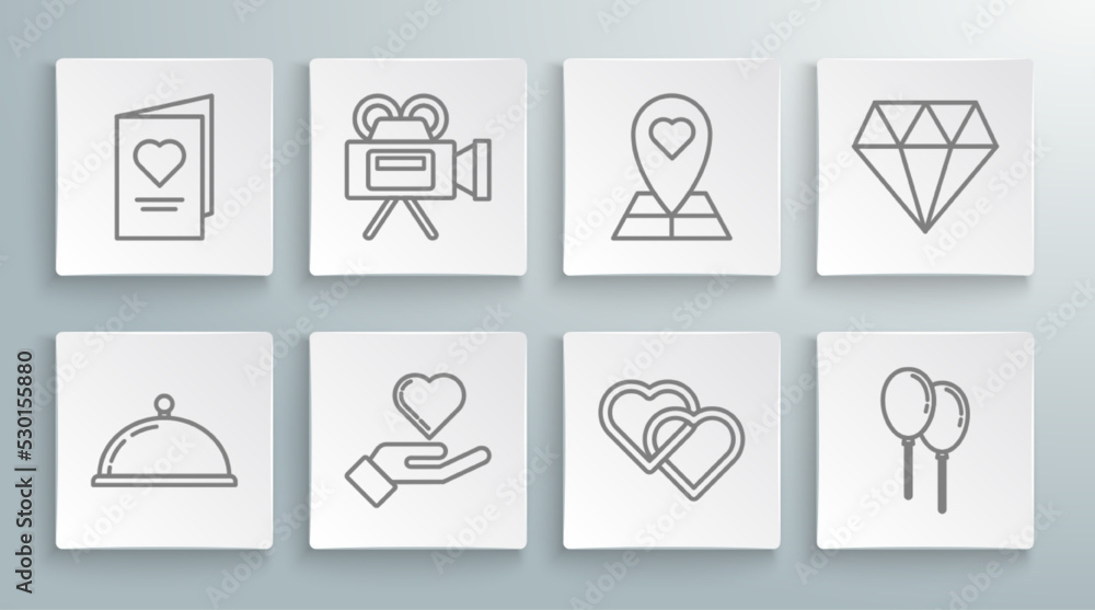 Set line Covered with a tray of food, Cinema camera, Heart on hand, Two Linked Hearts, Balloons ribbon, Map pointer heart, Diamond and Valentines day party flyer icon. Vector Set line Covered with a tray of food, Cinema camera, Heart on hand, Two Linked Hearts, Balloons ribbon, Map pointer heart, Diamond and Valentines day party flyer icon. Vector