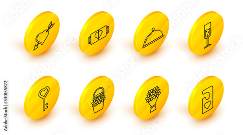 Set line Please do not disturb with heart, Bouquet of flowers, Flowers in basket, Key shape, Glass champagne, Covered tray food, Two coffee cup and and Amour symbol arrow icon. Vector