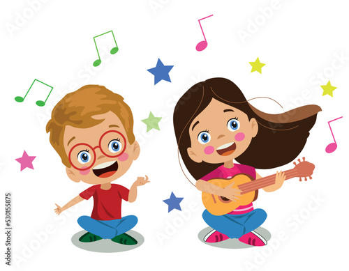 cute happy kids playing guitar and singing and having fun