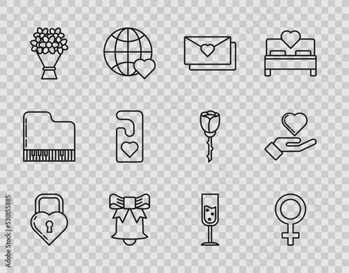 Set line Castle in the shape of a heart, Female gender symbol, Envelope with Valentine, Ringing bell, Bouquet flowers, Please do not disturb, Glass champagne and Heart on hand icon. Vector