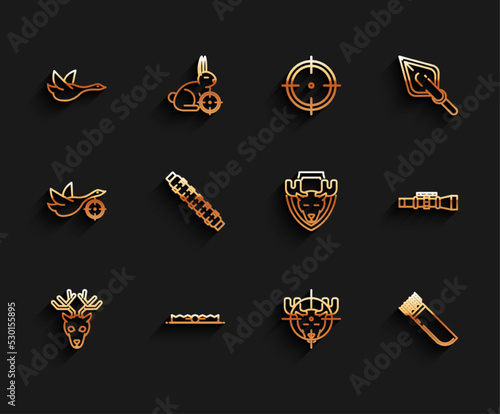 Set line Deer head with antlers, Trap hunting, Flying duck, Hunt on moose crosshairs, Quiver arrows, Hunting cartridge belt cartridges, Sniper optical sight and Moose shield icon. Vector
