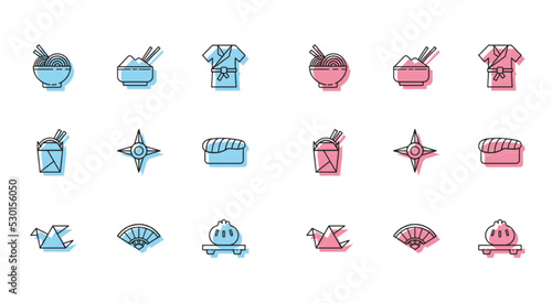 Set line Origami bird, Paper chinese or japanese folding fan, Asian noodles bowl and chopsticks, Dumpling on cutting board, Japanese ninja shuriken, Sushi, paper box and Rice with icon. Vector