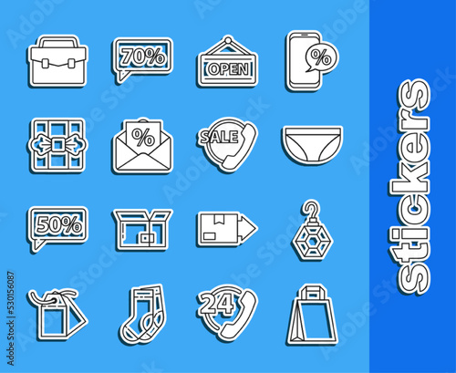 Set line Paper shopping bag, Earring, Underwear, Hanging sign with Open, Envelope interest discount, Gift box, Briefcase and Telephone 24 hours support icon. Vector