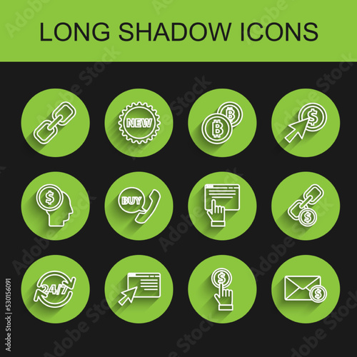 Set line Clock 24 hours, Online shopping on screen, Chain link, Hand holding coin, Envelope with dollar, Phone speech bubble Buy, and icon. Vector