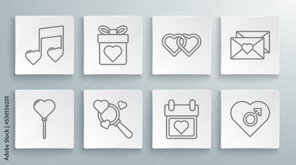 Set line Balloons in form of heart, Gift box with, Search and love, Calendar, Heart male gender, Two Linked Hearts, Envelope Valentine and Music note, tone hearts icon. Vector Set line Balloons in form of heart, Gift box with, Search and love, Calendar, Heart male gender, Two Linked Hearts, Envelope Valentine and Music note, tone hearts icon. Vector
