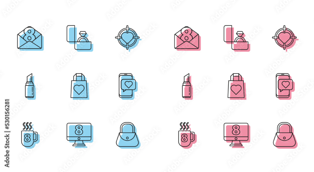 Set line Coffee cup with 8 March, on monitore, Envelope, Handbag, Shopping heart, Online dating app chat, Lipstick and Diamond engagement ring icon. Vector Set line Coffee cup with 8 March, on monitore, Envelope, Handbag, Shopping heart, Online dating app chat, Lipstick and Diamond engagement ring icon. Vector