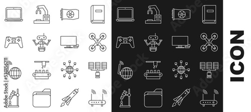 Set line Router and wi-fi signal, Server, Data, Web Hosting, Drone flying, Video graphic card, Robot, Gamepad, Laptop and Smart Tv icon. Vector