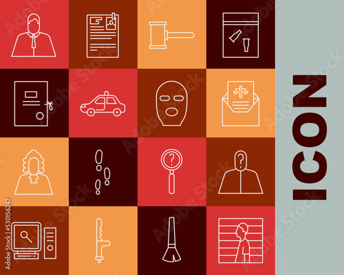 Set line Suspect criminal, Anonymous with question mark, Subpoena, Judge gavel, Police car and flasher, Lawsuit paper, Lawyer, attorney, jurist and Thief mask icon. Vector
