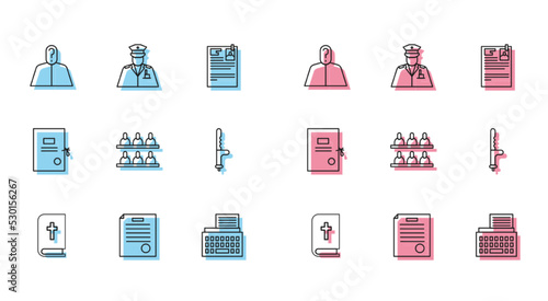 Set line Holy bible book, The arrest warrant, Anonymous with question mark, Retro typewriter, Jurors, Police rubber baton, Lawsuit paper and officer icon. Vector