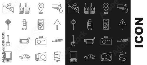 Set line Road traffic signpost, Camping knife, Exclamation mark triangle, Location, Suitcase, Parking, Mountains and City map navigation icon. Vector