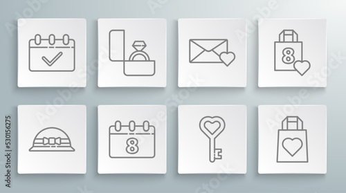 Set line Elegant women hat, Diamond engagement ring, Calendar with 8 March, Key heart shape, Shopping bag, Envelope, and icon. Vector