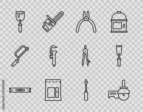 Set line Construction bubble level, Angle grinder, Pliers tool, Cement bag, Putty knife, Calliper or caliper and scale, Screwdriver and icon. Vector