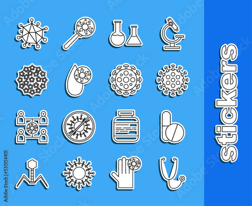 Set line Stethoscope, Medicine pill or tablet, Virus, Test tube and flask, Blood test virus, and icon. Vector