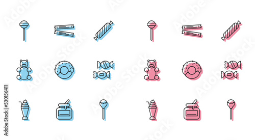 Set line Milkshake, Jar of honey, Lollipop, Donut, Candy, Jelly bear candy and Sugar stick packets icon. Vector