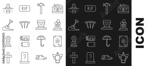 Set line Christmas angel, Death certificate, Grave with tombstone, Hammer, Metallic nails, Shovel in the ground, coffin and Coffin icon. Vector