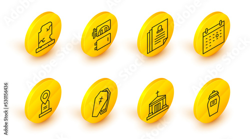 Set line Funeral urn, Old crypt, Coffin with cross, Location grave, Calendar death, Death certificate, Crematorium and tombstone icon. Vector