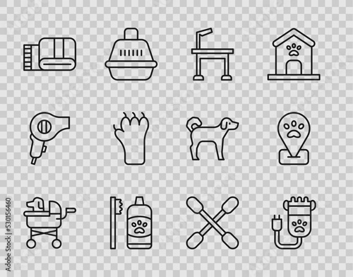 Set line Pet stroller, Hair clipper pet, grooming table, Dental hygiene for pets, Towel stack, Paw print, Cotton swab ears and Location icon. Vector