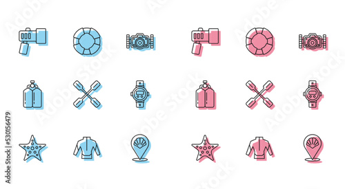 Set line Starfish, Wetsuit, Flashlight, Scallop sea shell, Paddle, Diving watch, Aqualung and Lifebuoy icon. Vector