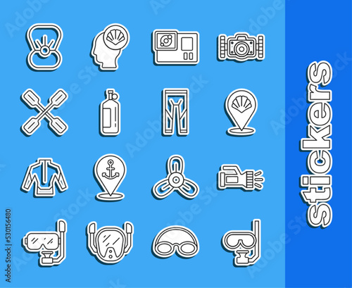 Set line Diving mask and snorkel, Flashlight, Scallop sea shell, Action camera, Aqualung, Paddle, Shell with pearl and Wetsuit icon. Vector