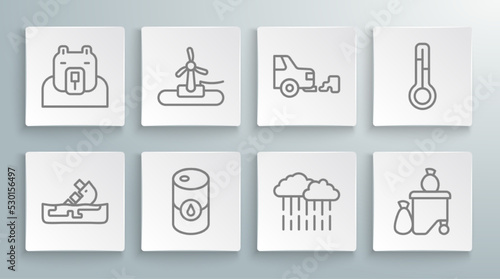 Set line Wrecked oil tanker ship, Wind turbine, Barrel, Cloud with rain, Full dustbin, Car exhaust, Meteorology thermometer and Polar bear head icon. Vector