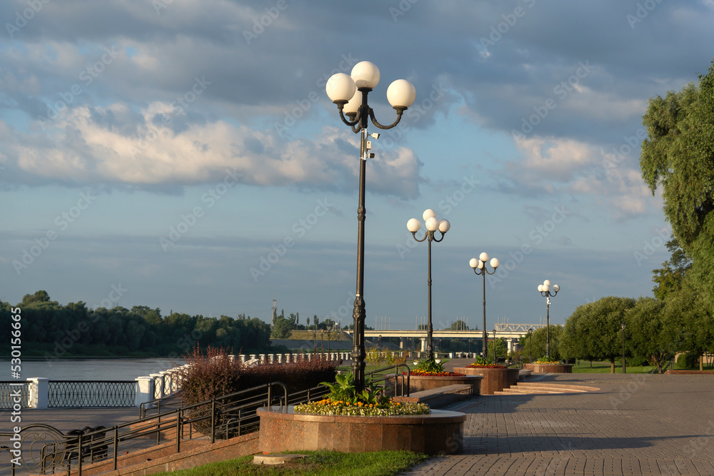 embankment of the city in autumn view of the Gomel River Belarus.