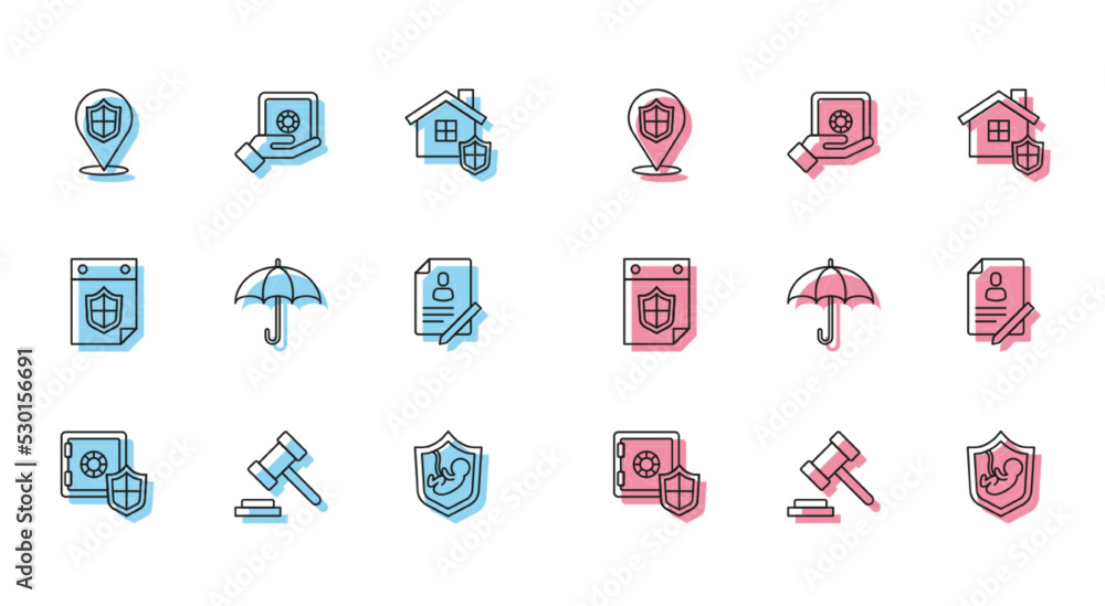 Set line Safe with shield, Judge gavel, Location, Life insurance, Umbrella, Document, Calendar and hand icon. Vector Set line Safe with shield, Judge gavel, Location, Life insurance, Umbrella, Document, Calendar and hand icon. Vector