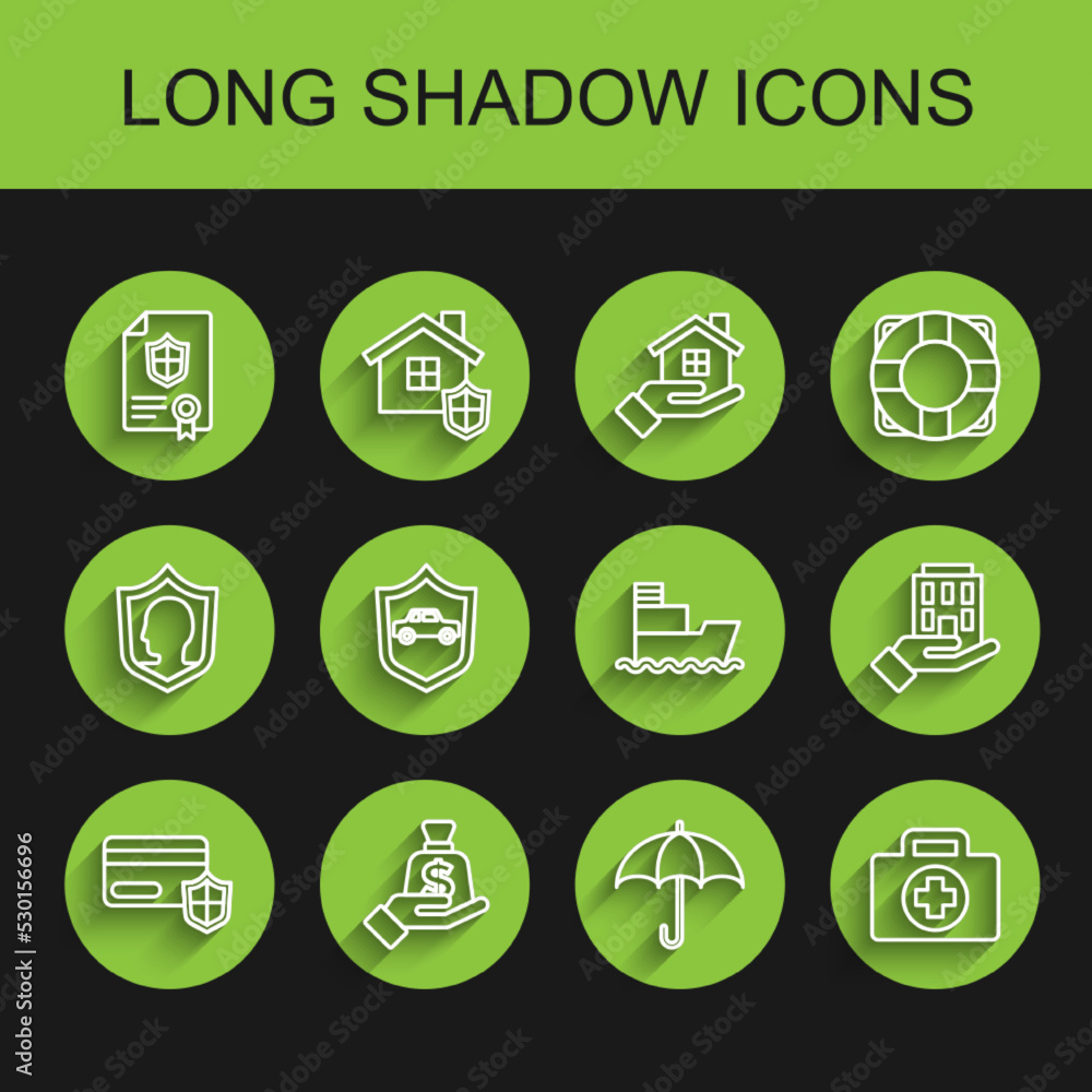 Set line Credit card with shield, Money in hand, Contract, Umbrella, First aid kit, Car, House and Ship icon. Vector Set line Credit card with shield, Money in hand, Contract, Umbrella, First aid kit, Car, House and Ship icon. Vector