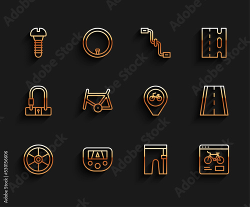 Set line Bicycle wheel, Gps device with map, Metallic screw, Cycling shorts, rental mobile app, frame, lane and Location bicycle icon. Vector