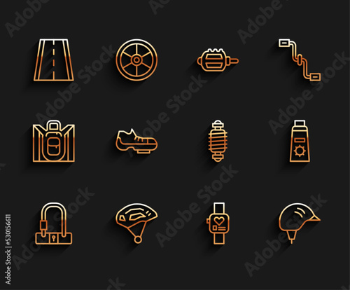 Set line Bicycle lock, helmet, lane, Smart watch, shoes, Sunscreen cream in tube and suspension icon. Vector