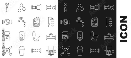 Set line Gas boiler, Industry pipe and manometer, Shower, Pipe adapter, Water tap, valve, Wrench spanner and Drain cleaner bottle icon. Vector